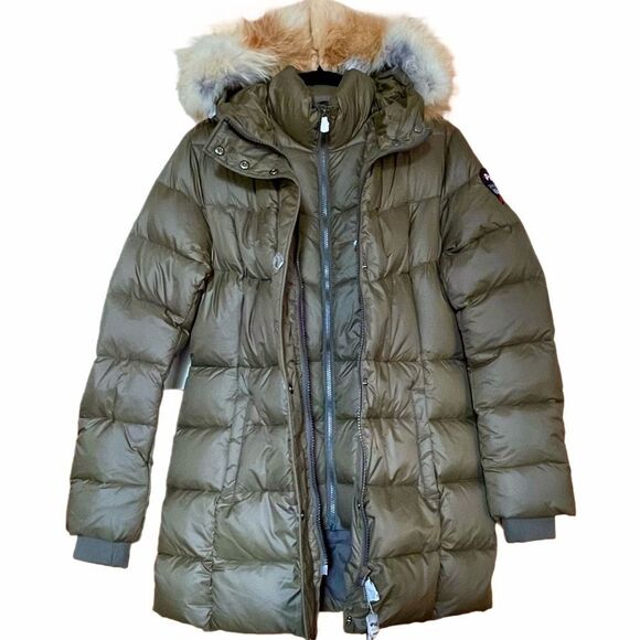 PAJAR CANADA Goose Down Puffer Coat with Fox Fur Hood Military Green Medium NWT - Picture 5 of 16